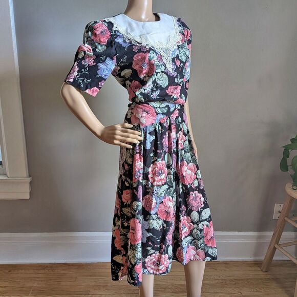 Vintage 80s Jodi Michaels Floral Midi Dress Cottagecore Prairie Twee Size 9/10 - Picture 2 of 13